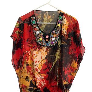 Vintage Ethnic Heavily Embellished Beaded Kimono Blouse Large Artistic